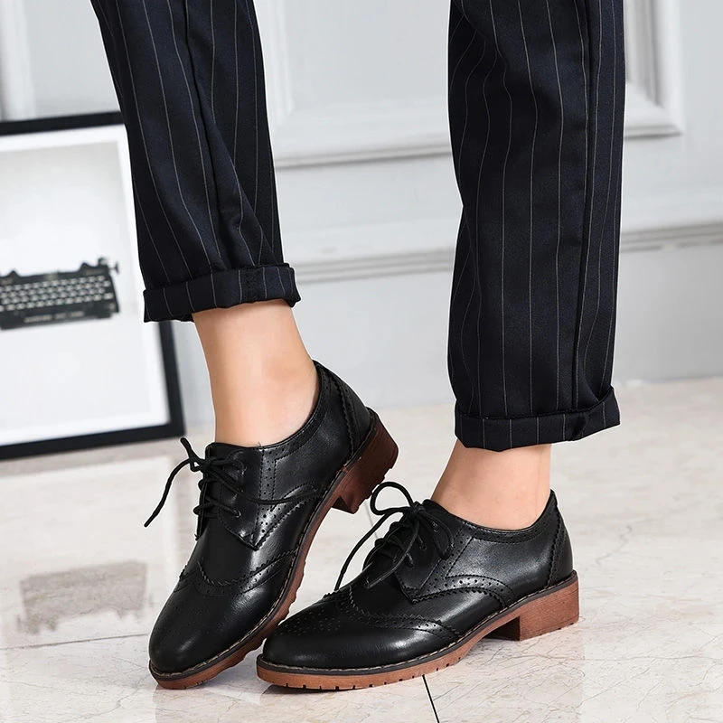 Leather oxford shoes for women flats round toe derby sneaker party casual shoes slip on loafers chaussure femme talon femme