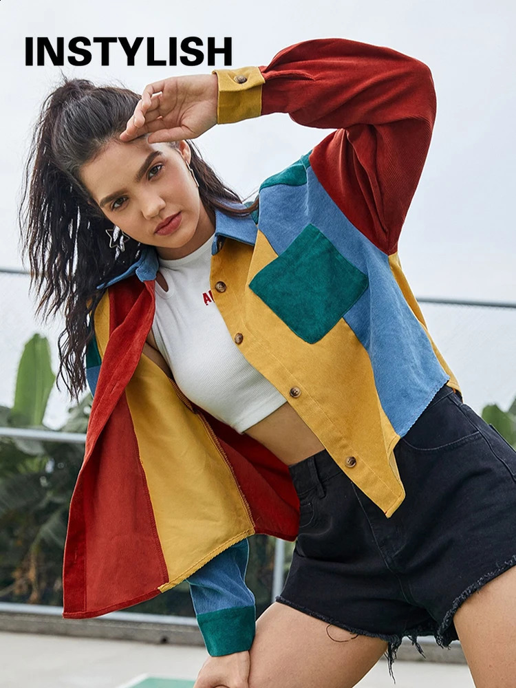 Instylish Womens Autumn Corduroy Patch Work Jacket Retro Harajuku Hit Color Loose Baseball Street Clothing Bomber 240913