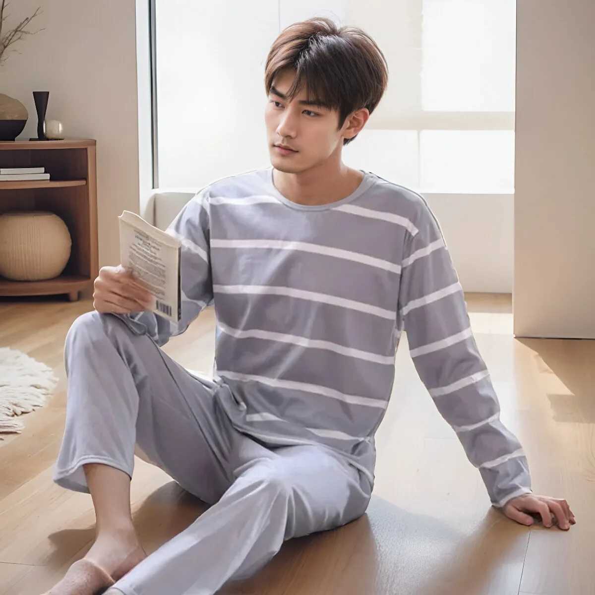 Mens Round Neck Homewear Long Sleeved Pants Set Can Be Worn Externally Leisure Stripe Style Spring And Autumn Pajama Set Y240913