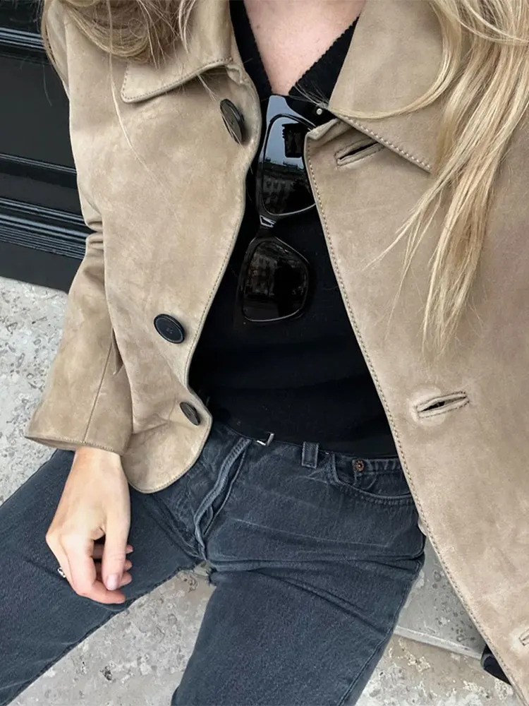 Women Khaki Chamois Leather Long Sleeve Coats Fashion Single Breasted Short Jacket With Pocket 2024 Autumn Female Street Tops 240918