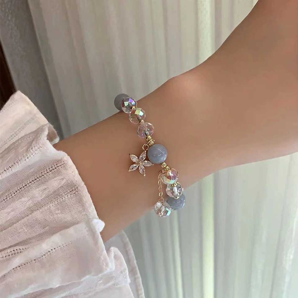 ZAKOL Fresh Sea Blue Crystal Bead Bracelet Shining Zircon Flower Pendant Charm Friendship Bracelet Womens Jewelry Gift W240913