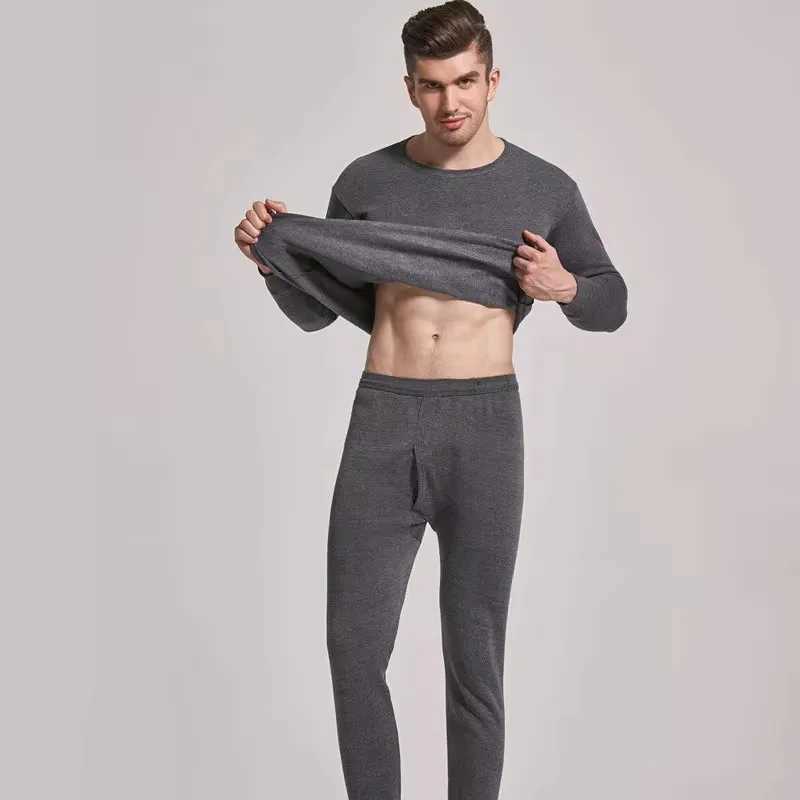 Mens autumn and winter velvet pajama set solid color thermal underwear round neck fleece thick pajama pants Y240913