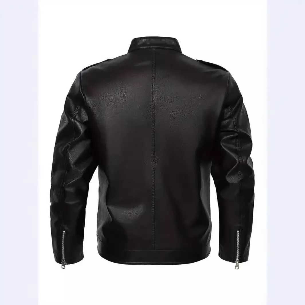Motorcycle leather jacket mens multi pocket zipper stand collar slim fit spring and autumn high-quality mens leather jacketX240913