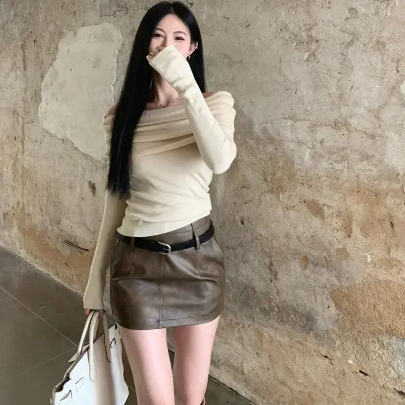 Slash Neck Sweater Off Shoulder Knitwear Jumper Korean Fashion Women Slim SexyY2k Autumn Winter Clothing Pink Black Apricot 240911