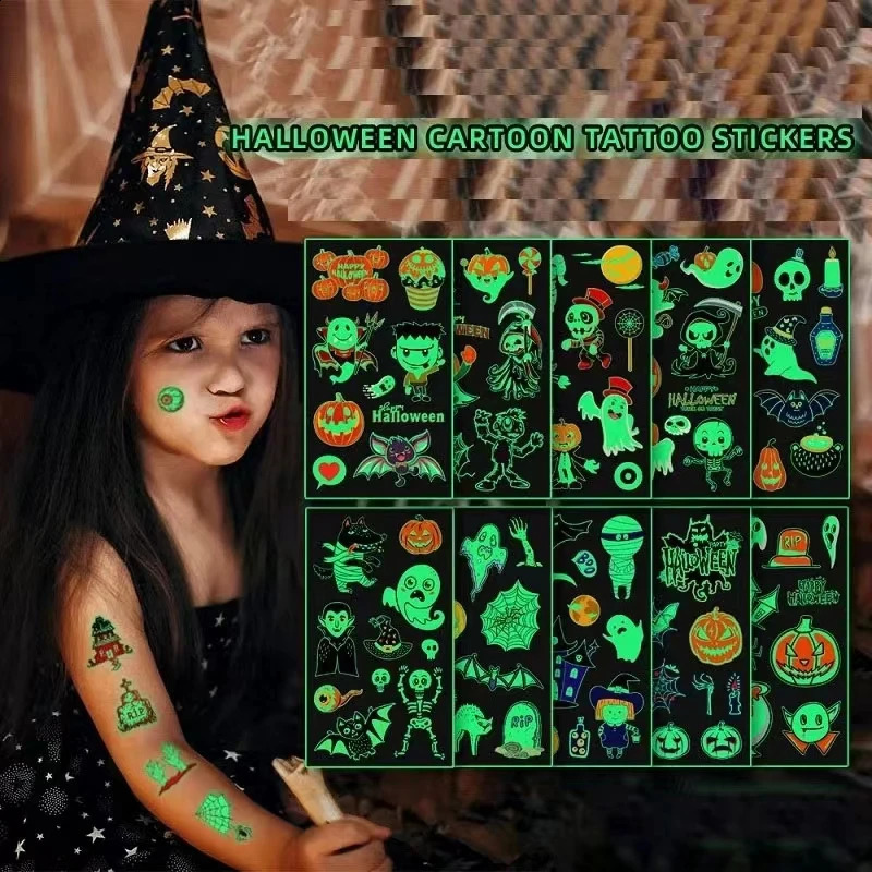 10PcsSet ChildrenS Halloween Tattoo Cartoon Night Glow Stickers ChrismasParty Activities Holiday Gatherings Temporary Stickers 240910