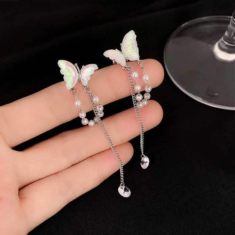 Y2K Fairy Zircon Shell Butterfly Tassel Ear Clips Angel Ear Bone Clip Earring Elf Female Pearl Dangle Earrings Fashion JewelryX240913