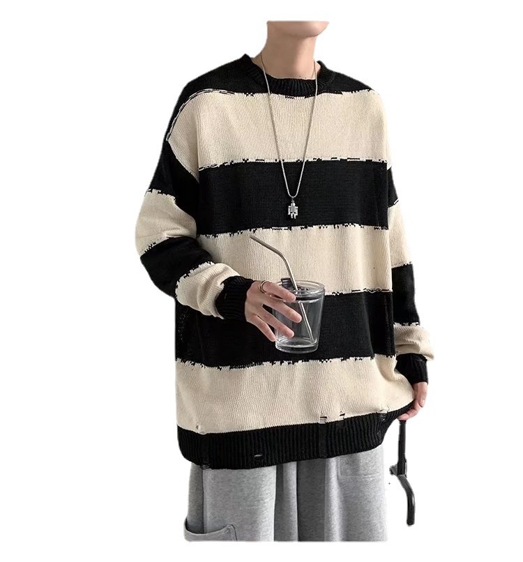 Men Sweaters Striped sweater mens spring and autumn autumn Korean version trendy new item knit sweater contrasting colors on clothes Mens crew neck sw