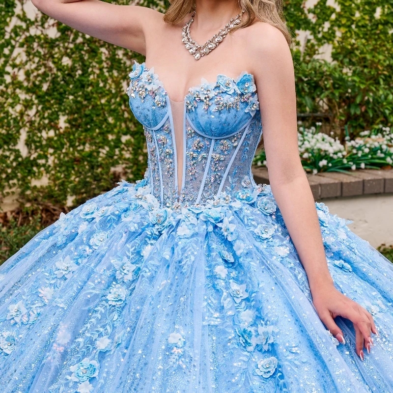 Sky Blue Shiny Quinceanera Dresses Ball Gown Lace Applique Beaded Tull With Cape Corset Sweet 16 Dress Vestido De 15 Anos