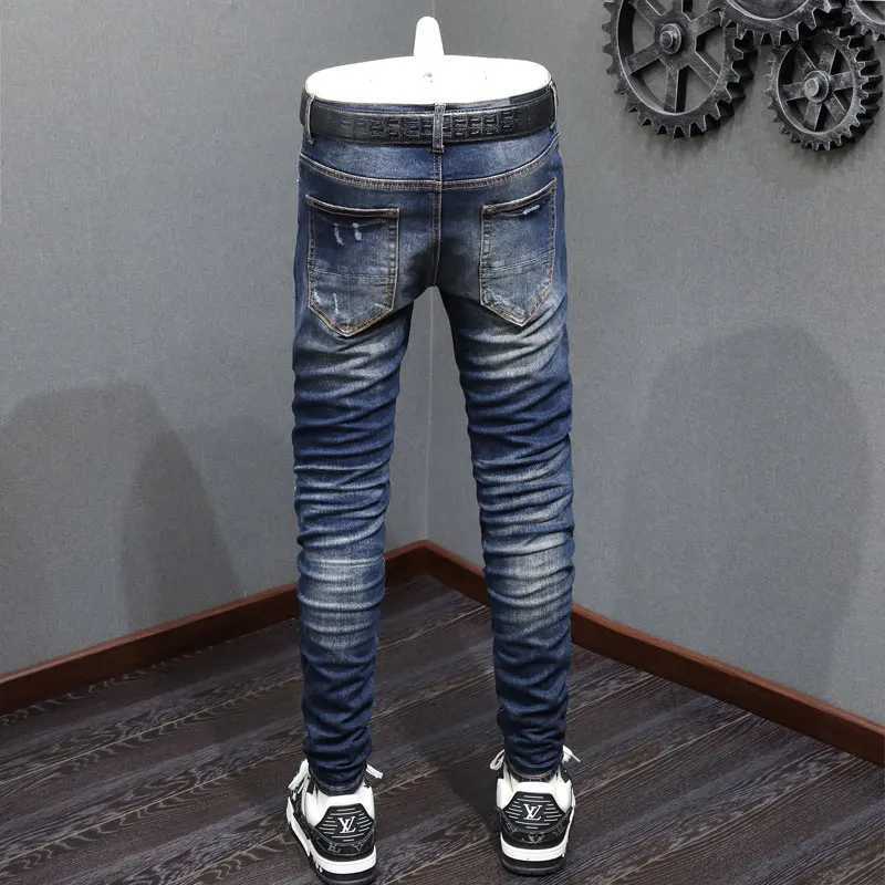 Street Fashion Men Jeans Retro Dark Blue Stretch Skinny Fit Ripped Jeans Hole Leather Patched Designer Hip Hop Brand Pants Men M240912