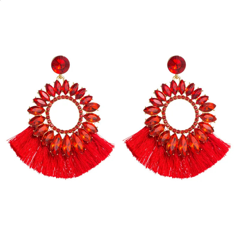 Red crystal tassel pendant earrings womens jewelry ethnic alloy blue and white rhinestone flower wholesale 240912