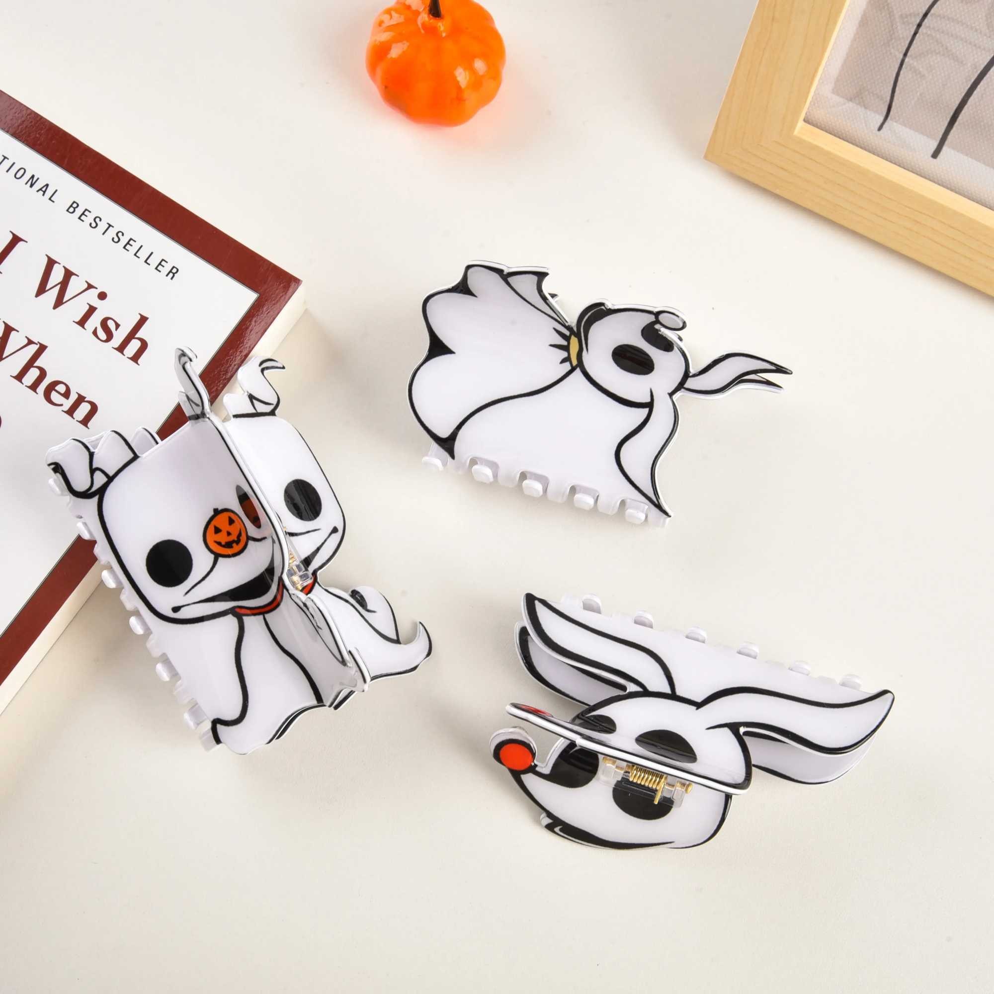DS New Halloween White Ghost Print Acrylic Hair Claw Horror Series Claw Clip Crab Hair Clip for Women Girls Hair AccessoriesX240912