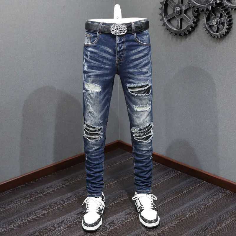 Street Fashion Men Jeans Retro Dark Blue Stretch Skinny Fit Ripped Jeans Hole Leather Patched Designer Hip Hop Brand Pants Men M240912