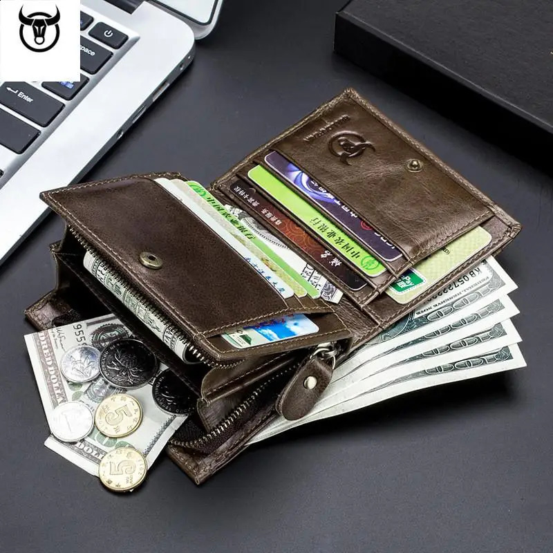 Bullcaptain Men Wallet Genuine Leather Mens Purse Vintage Male Zipper Coin Pocket Card Holder Money Bags JYB001 240904