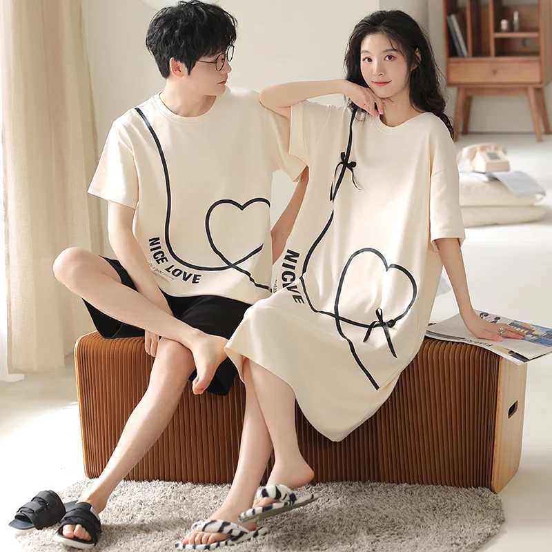 Summer Couple Pajama Sets 100%Cotton Men Short Sleeve Pyjamas Sexy Women Nightgown Y240913