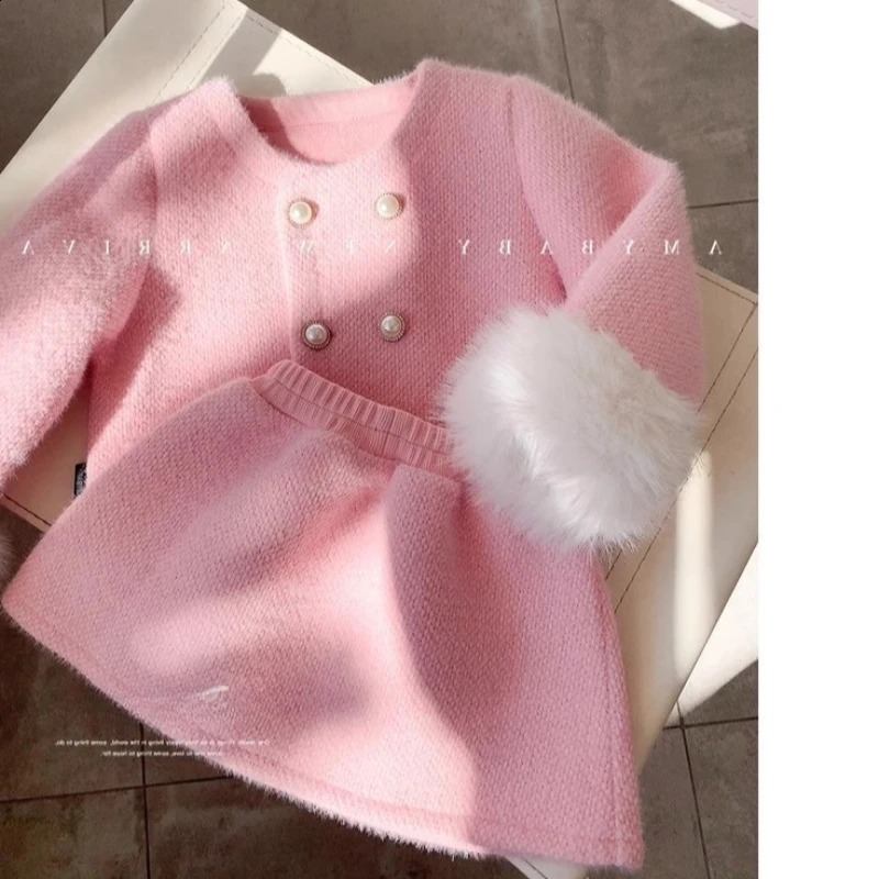 Girls Suit Winter Small Fragrance Solid Color Padded Wool Coat Padded Skirt Two-piece Set Kids Clothes Girls 240902