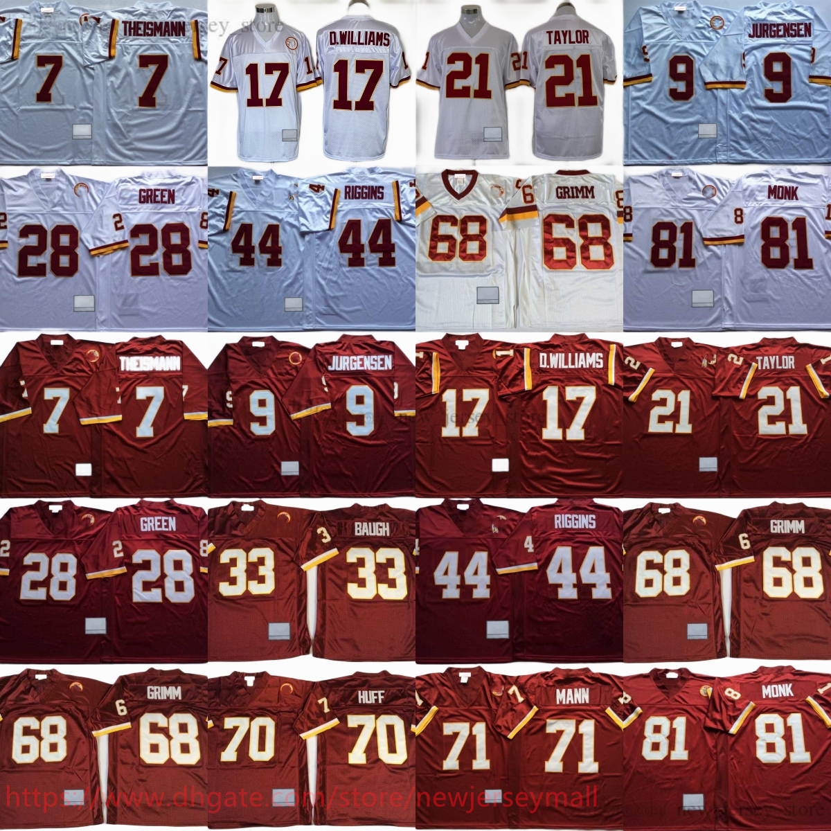 College 1986 Throwback Football 17 Doug Williams Jersey Vintage 21 Sean Taylor 28 Darrell Green 44 John Riggins 7 Joe Theismann Russ Grimm Sonny Jurgensen Sam Huff