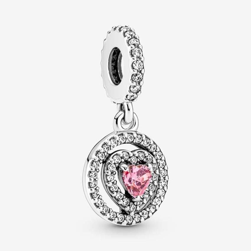Sparkling Double Halo Heart Dangle Charm 925 Sterling Silver Logo Charms Set Bracelet Bangle DIY Making Components Pink Diamond Pendant charm with Luxurious Box