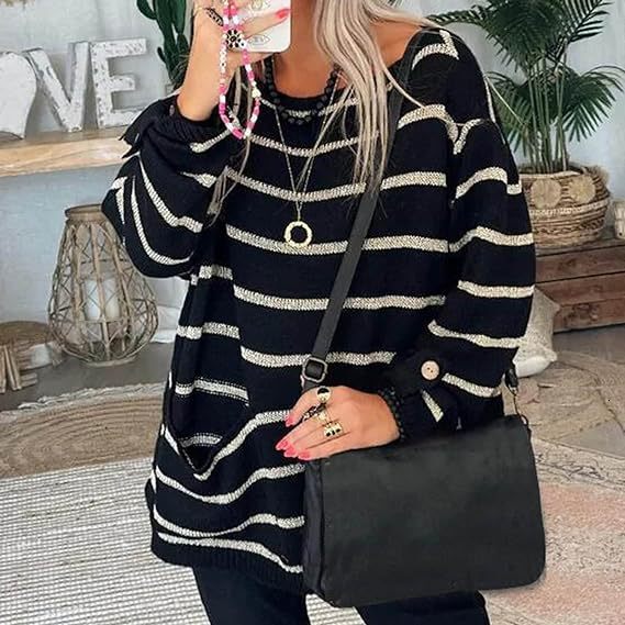 2024 autumn winter new plus size with contrasting stripes, round neck loose and versatile, lazy style sweater for women