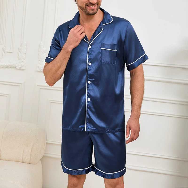 2pcs/Set Mens Pajamas Set For Summer Black Short Sleeve Button Down Shirt Top Shorts Sleepwear Loungewear Shorts Suit Pyjamas Y240913