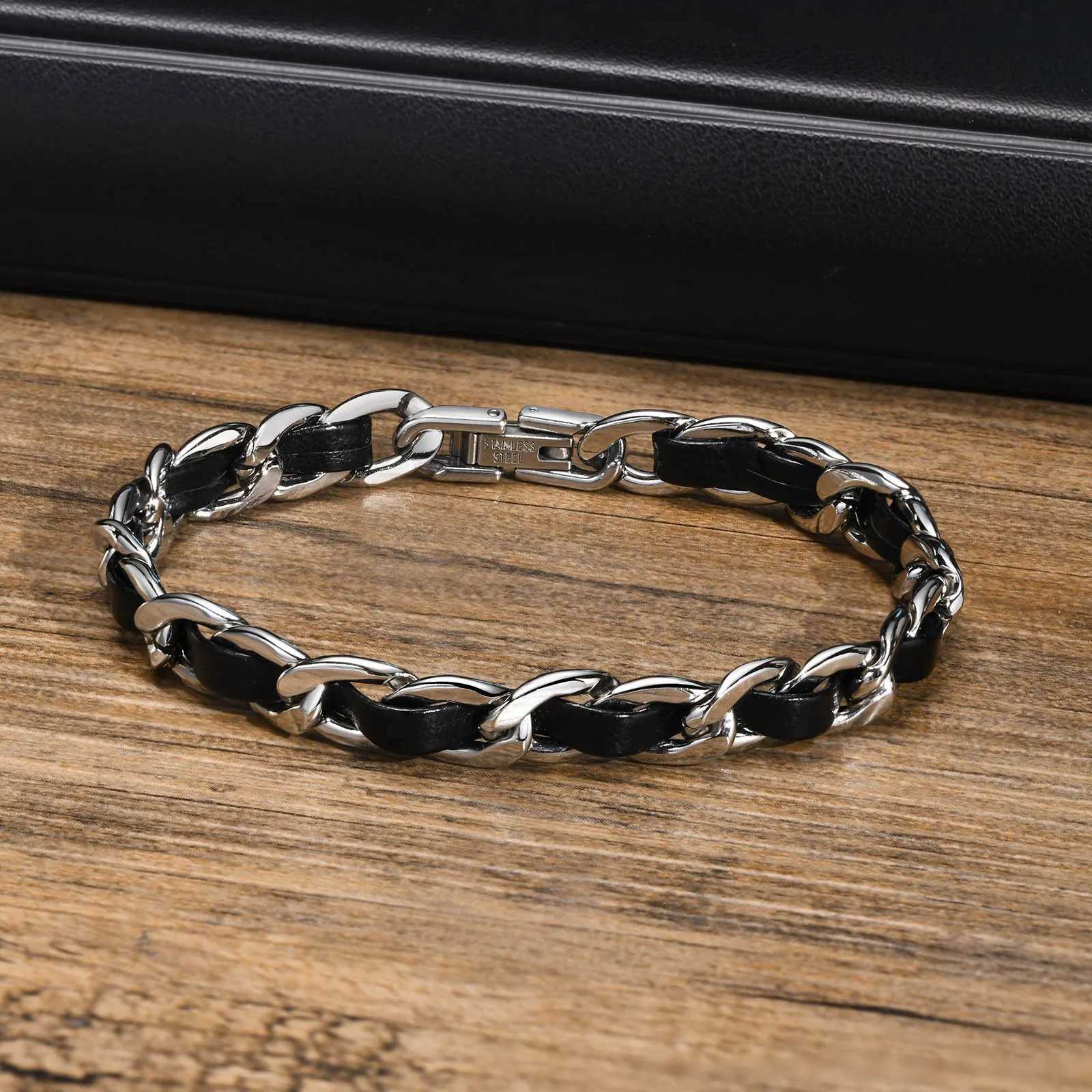 Mens Black Leather Chain Bracelets Waterproof Stainless Steel Cuban Links Chain Wristband Gift Jewelrypulseira masculinaX240913