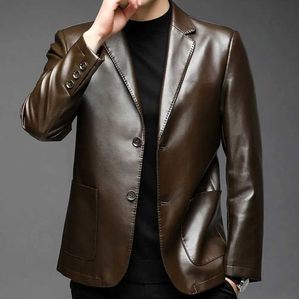 Mens Leather Suit Jacket Button Cuffs Lapel PU Jackets Spring Autumn Men Jacket Fake Leather Men Coat Mens ClothingX240913