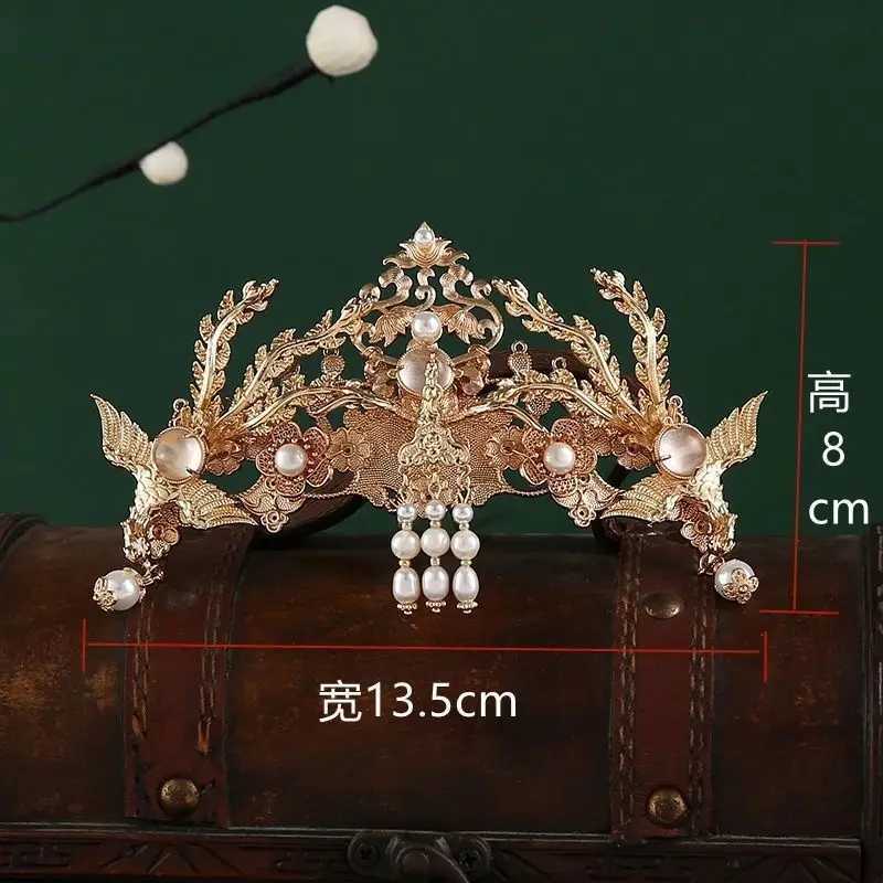 Womens Gold Plated Phoenix Hair Crown With Pearl Tassel Set Chinese Hanfu HeaddressX240913