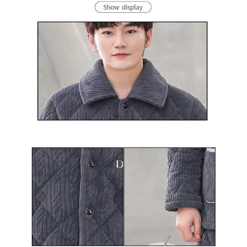 Men Pajamas Winter Three-layer Thickening Plus Velvet Coral Fleece Cotton Male Suit Flannel Warm Home Clothing Autumn Homewear Y240913