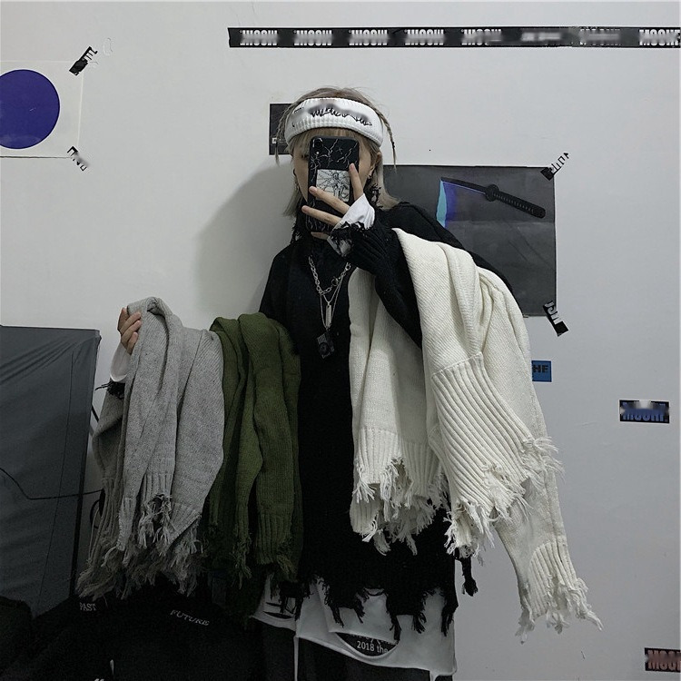 Halloween Men Sweaters Shabby style autumn and winter Harajuku style with lazy edges loose casual knitted sweaters for men and women Mens crew neck sw