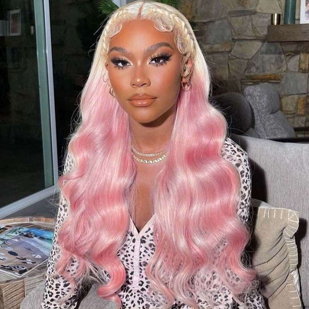 Synthetic Blonde To Lace Wig Long Body Wave Hair Gradient Pink Wigs For White Women Daily Party Cosplay