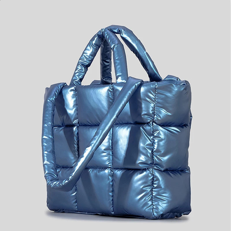 Fashion Plaid Padded Tote Bag er Soft Puffy Women Handbags Nylon Down Cotton Shoulder Bags Warm Winter Female Purse 240907