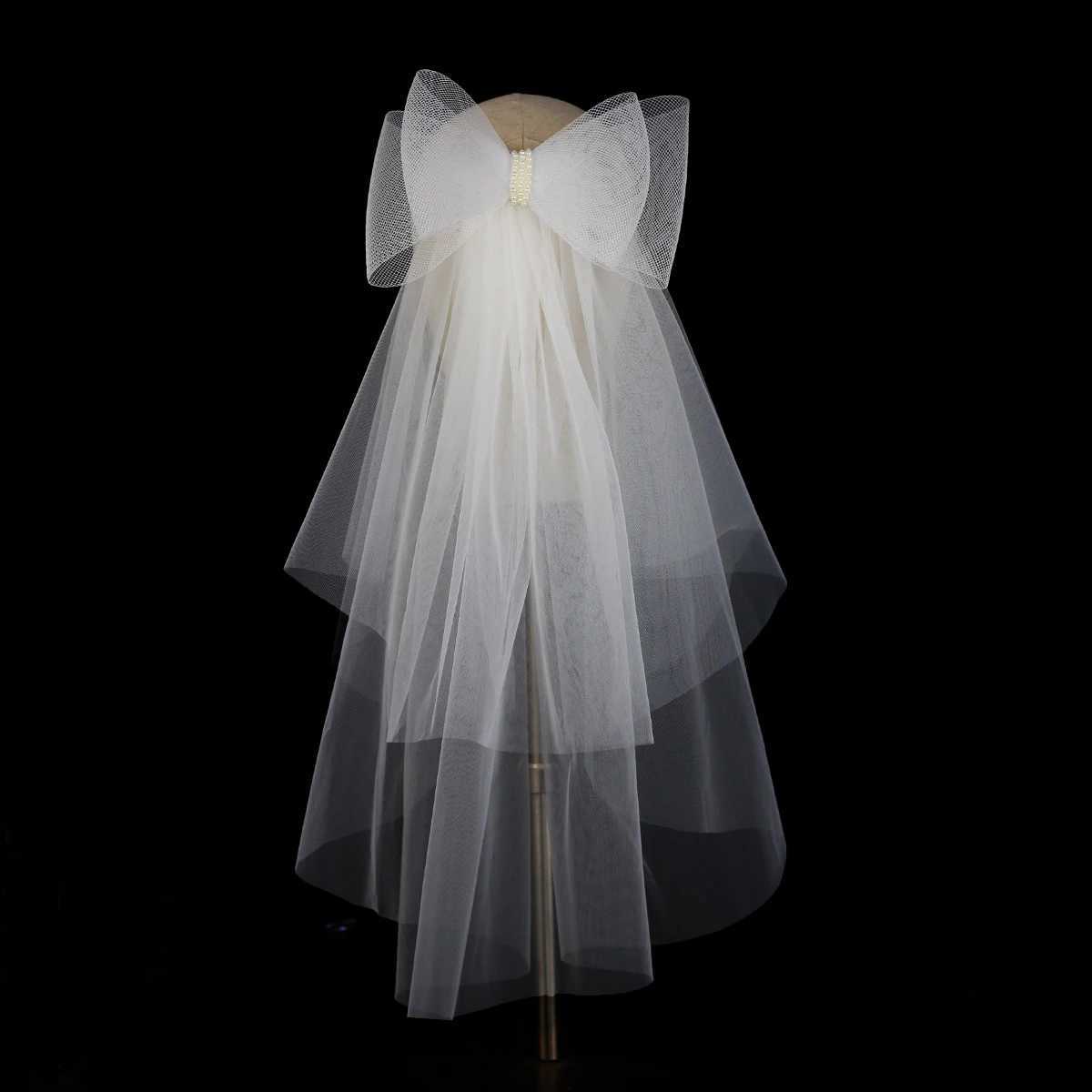 V302 White Bridal Veil Elastic Mesh Pearls Bows Multi-Layer Semi-Transparent Tulle Shoulder Length Brides Veil with Hair CombX240913