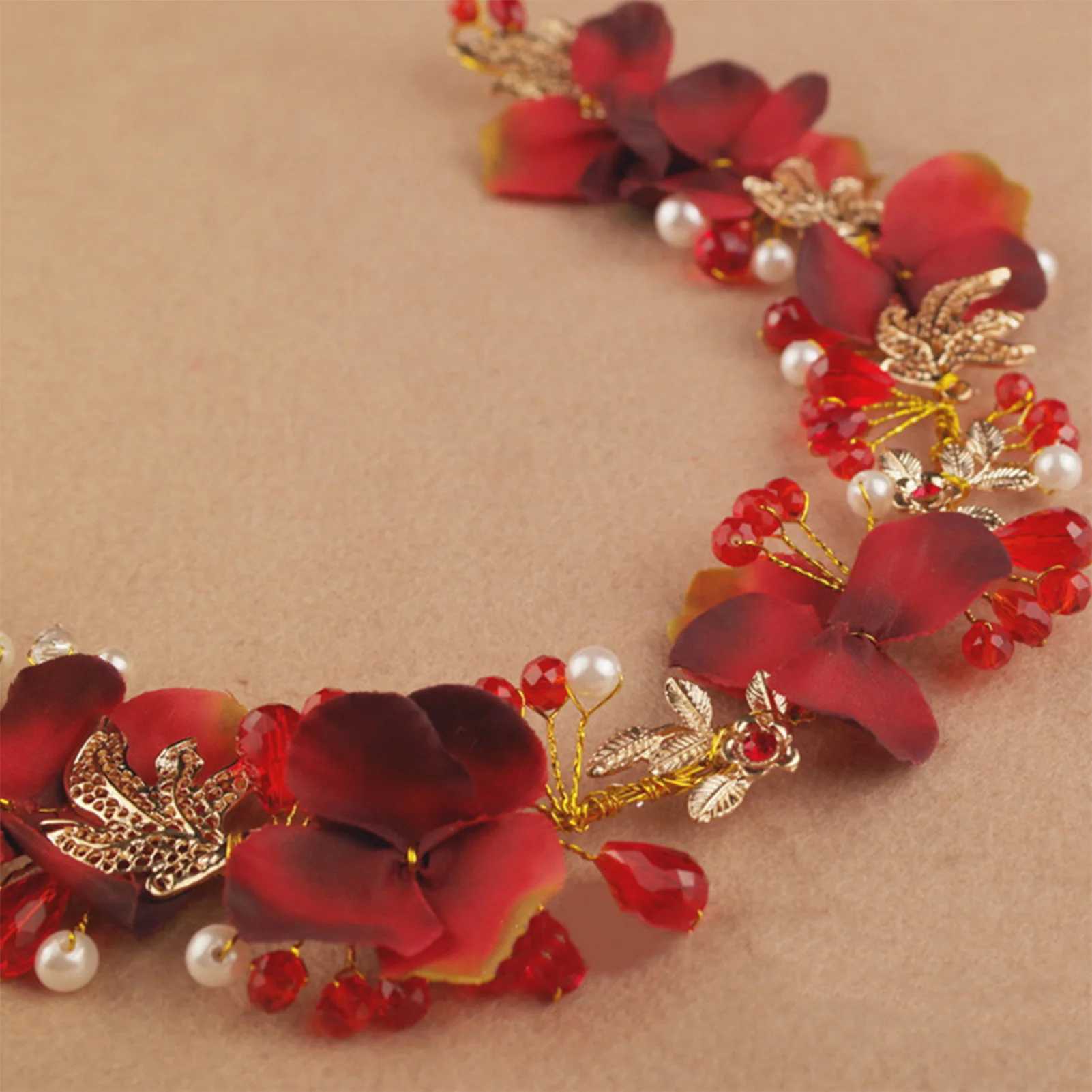Artificial Flower Hairband Wedding Tiaras For Women Red Floral Pearl Headband Elegant Girls Hair Hoop Bridal Headwear JewelryX240913