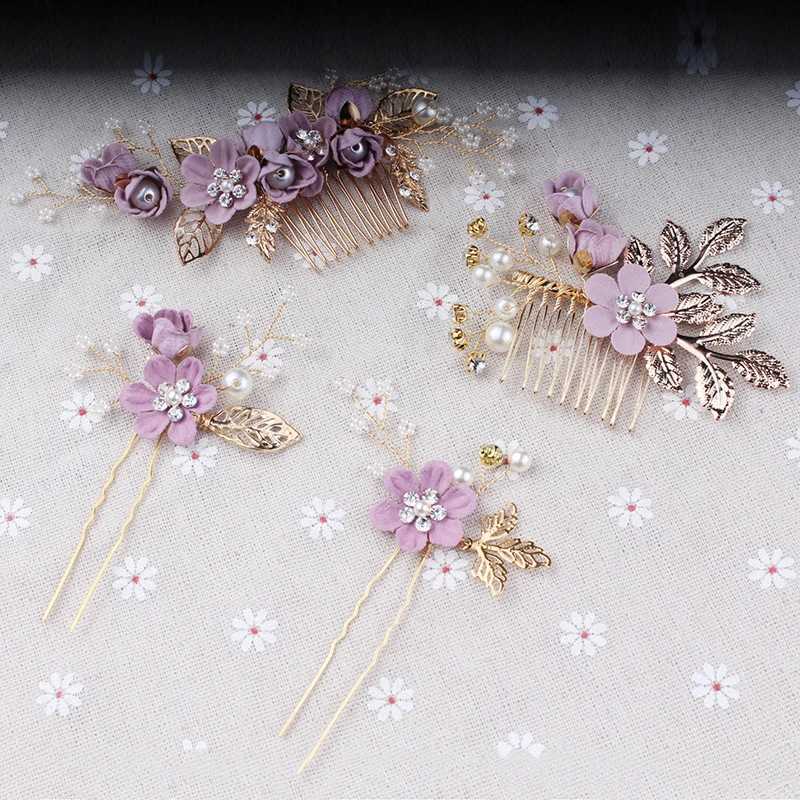 Blue Flower Hairpin Pearls Rhinestone Combs Headdress Prom Bridal Wedding Hair Accessories Gold Leaves Tiara Crown Hair JewelryX240913