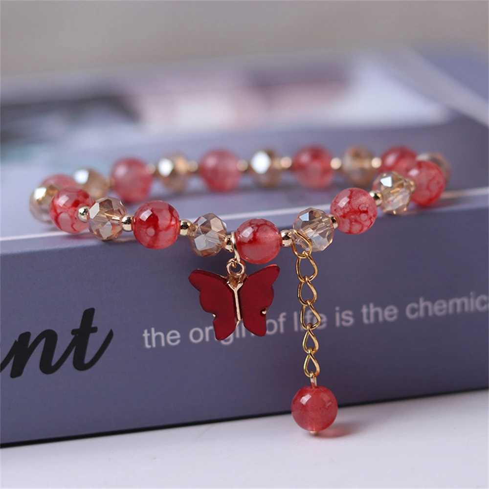 Fashionable butterfly bead bracelet suitable for women imitates jade bohemian crystal charm elastic rope bracelet handmade jewelry W240913