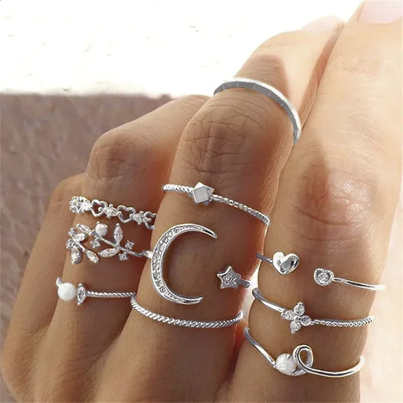 LATS 10Pcs Rings Suit For Women Silvercolor Chain Ring Set Bohemian Style Coin Snake Moon Star Party Trend Gift Jewelry 240906