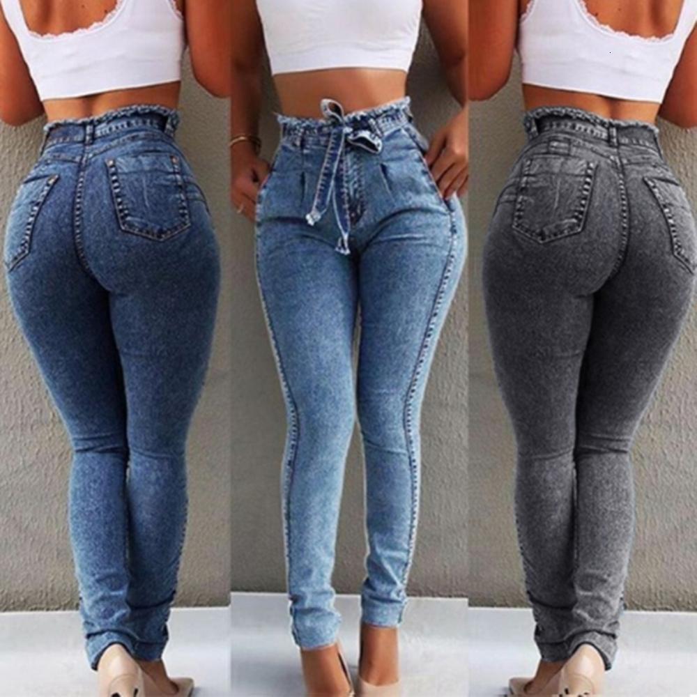Fashion Belted High Waist Skinny Women Slim Tassel Waistband Stretch Denim Long Pencil Pants Jeans