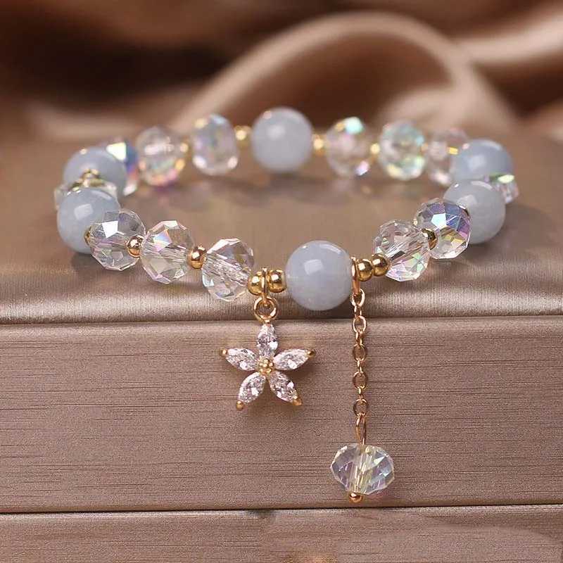 ZAKOL Fresh Sea Blue Crystal Bead Bracelet Shining Zircon Flower Pendant Charm Friendship Bracelet Womens Jewelry Gift W240913