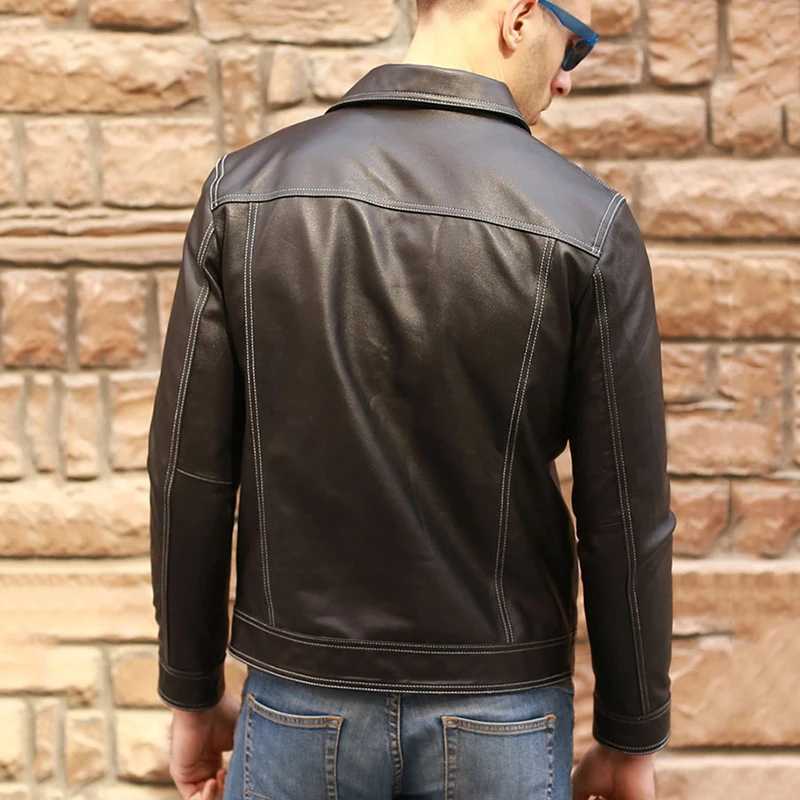 Genuine Men Casual Coat Brand Luxury Real Slim Lapel Black Pocket Sheep Leather Jacket Aviation ClothesX240913