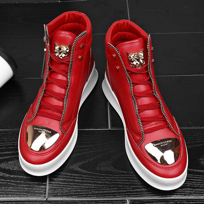 Hot Sale Red Leather Men Fashion Zipper High top Skateboard Shoes Designer Snakeskin Sneakers Mens Trainers 241107