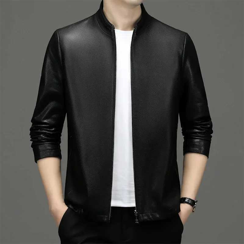 High Quality Men Leather Jacket Korean Fashion Mens Standing Collar Ecological Mens Clothing Popular Leather Coat OuterwearX240913