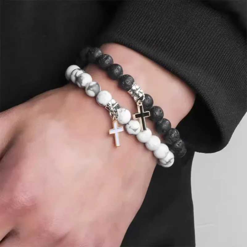 Couple Charm Natural Stone Bracelet Cross Black Lava Matte Bead Bracelet Handmade Mens Prayer Fitness Chain Jewelry Gift W240913