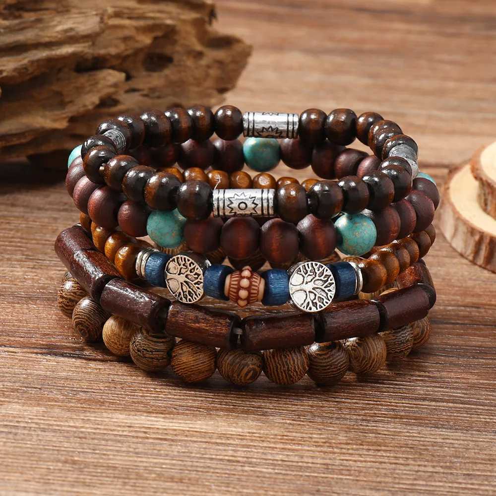 Cross Life Tree 5-piece/set retro bronze ethnic leisure wood bead feather charm leather womens bracelet mens jewelry W240913