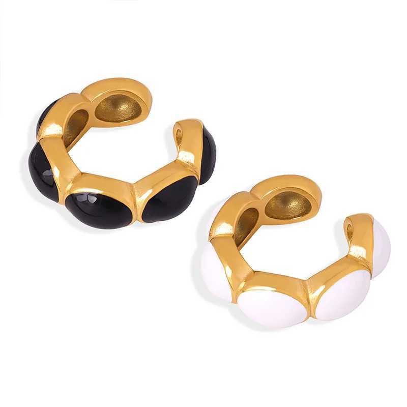New Round Stainless Steel Earrings for Women Black White Drop Oil Clip Earrings Female Luxury Jewelry Accessories wholesaleX240913
