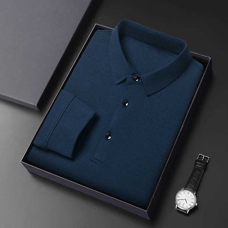 2024 Autumn waffle mens long sleeved polo shirt business casual slim fit elastic top fashion classic solid color mens brand T-shirt W240913