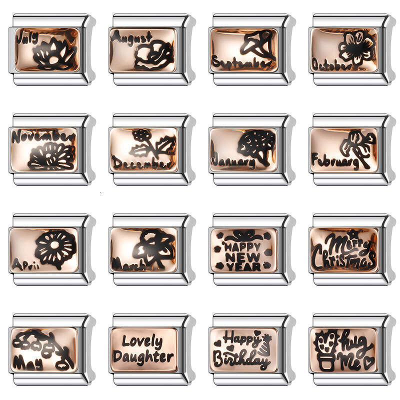 New Women's Gift rose gold flowers Bead Italian Charms Links Bangle Beads Fit 9mm Stainless Steel Bracelet Making DIY For Women Fashion Jewelry