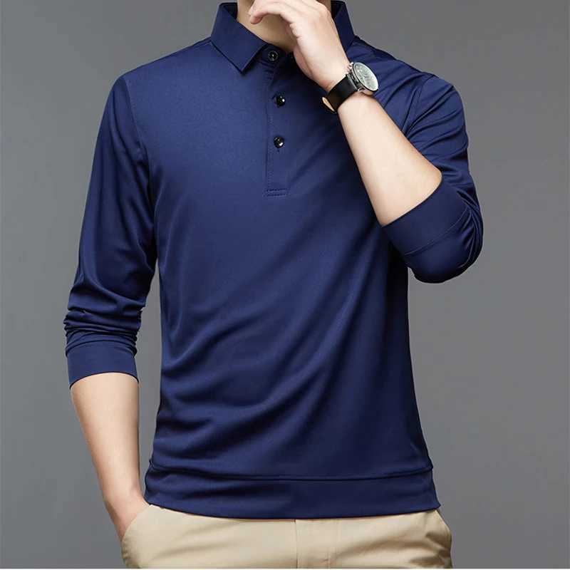 Spring Autumn Polo-neck Casual Fashion T-shirt Male Long Sleeve Solid Color All-match Bottoming Tees Hombre Pullover Tops MenX240912