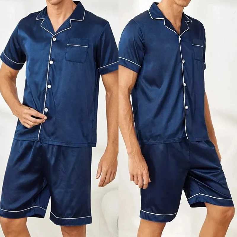 Ice Silk Large Size Lapel Cardigan Pajamas Mens Simple Short-Sleeved Senior Sense of Pure-Coloured Homewear Two-Piece Sleepwear Y240913