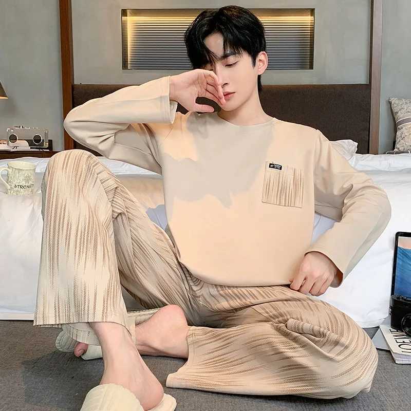 Mens Two-Piece Pajamas Autumn New Cotton Mens Pajamas Long-Sleeved Trouser Student Teenage Homewear Suit pijama hombre Y240913