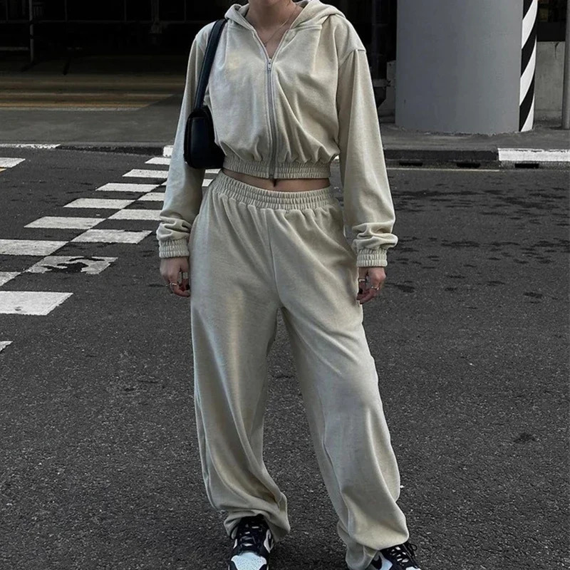 Syiwidii Casual Women Suits Chic Hooded Zipper Cropped Coat Loose Sweatpants Autumn Winter Fashion High Street 2 Pieces Sets 240910