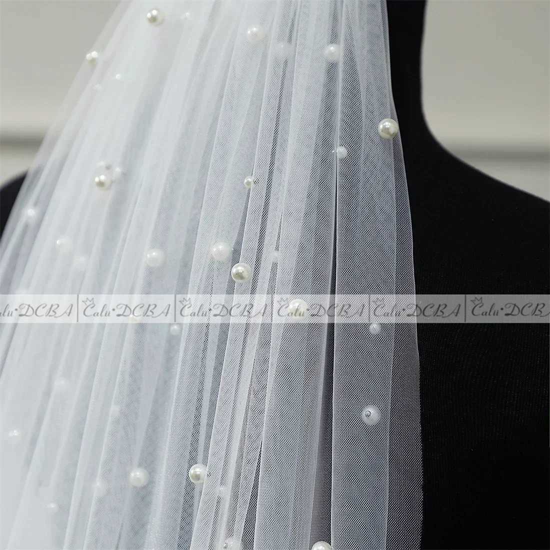 Pearls White Ivory Long Bridal Veil With Comb 1 Layer Cathedral Wedding Veil with Pearls Velos de Noiva Crystal Beads 75-300cmX240913